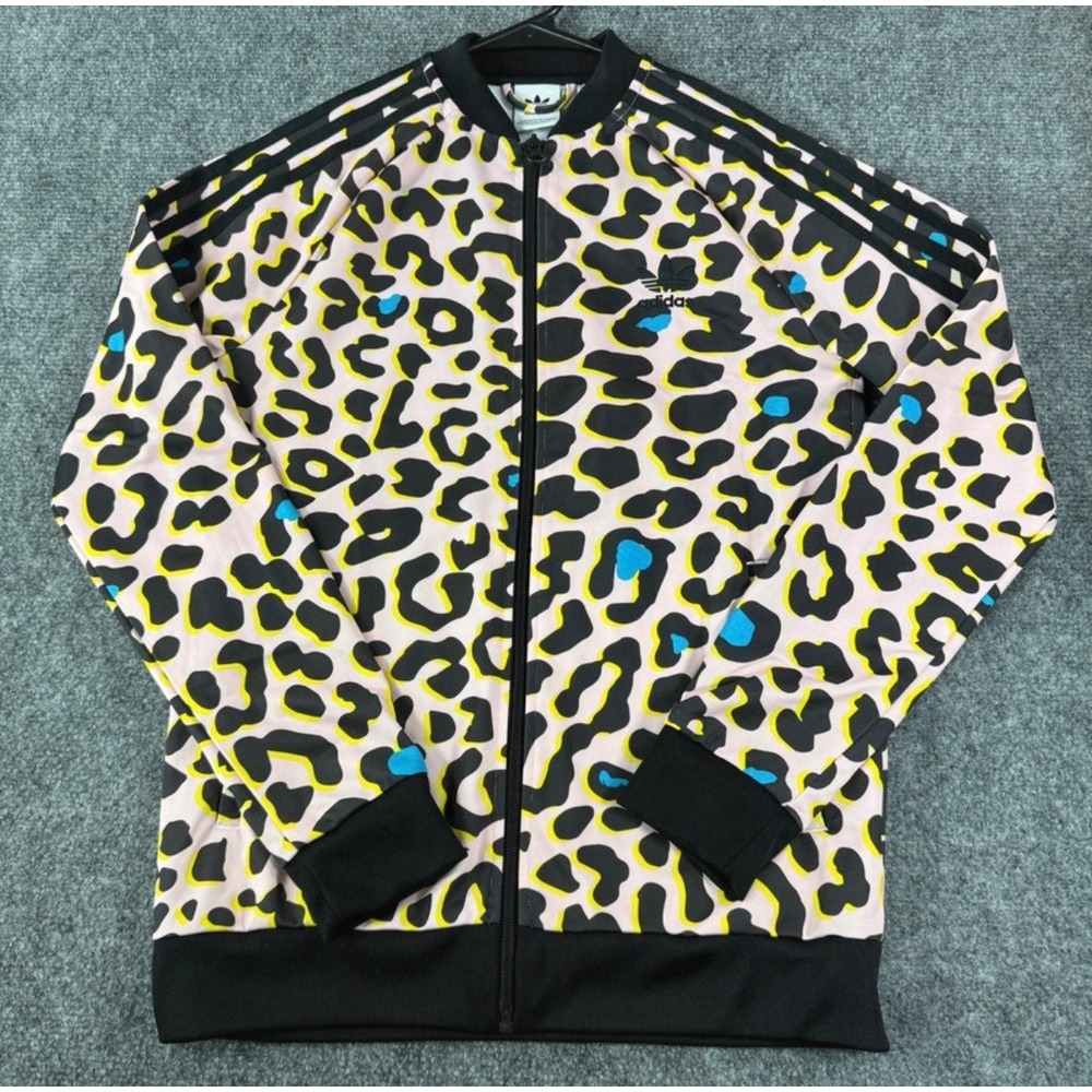Adidas Track Jacket Kids Large Pink Black Yellow Leopard Print Full Zip